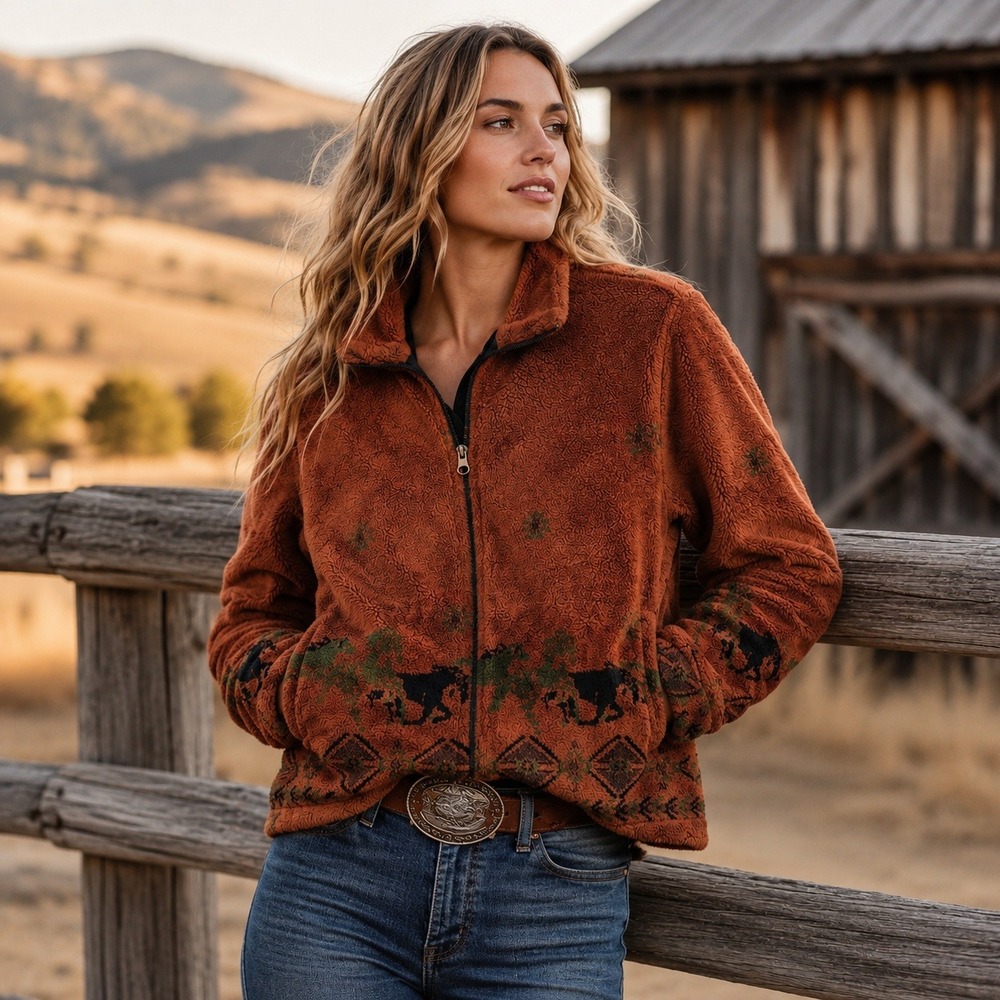 Black Diamond Womens Fleece Jacket Small Full Zip Southwestern Horse Rust USA